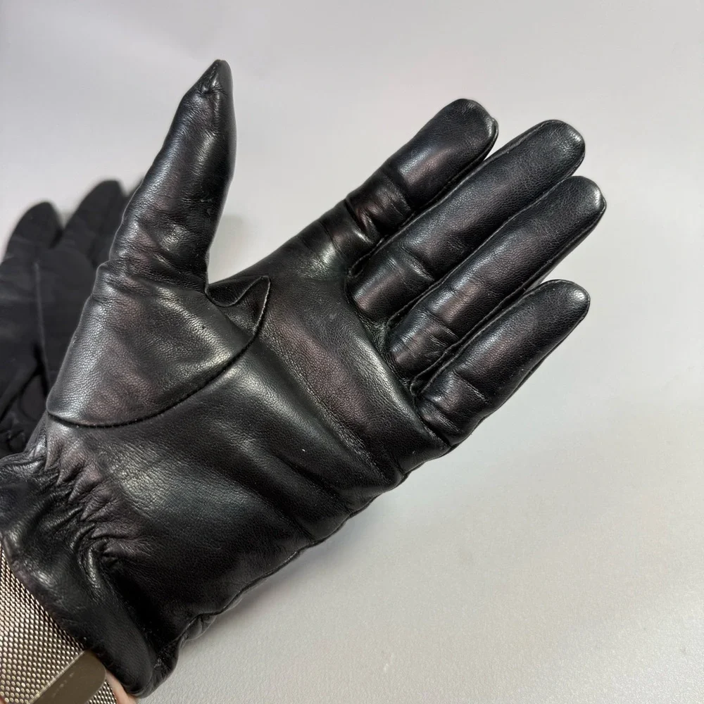 Vintage Black Leather Cashmere Lined Gloves
